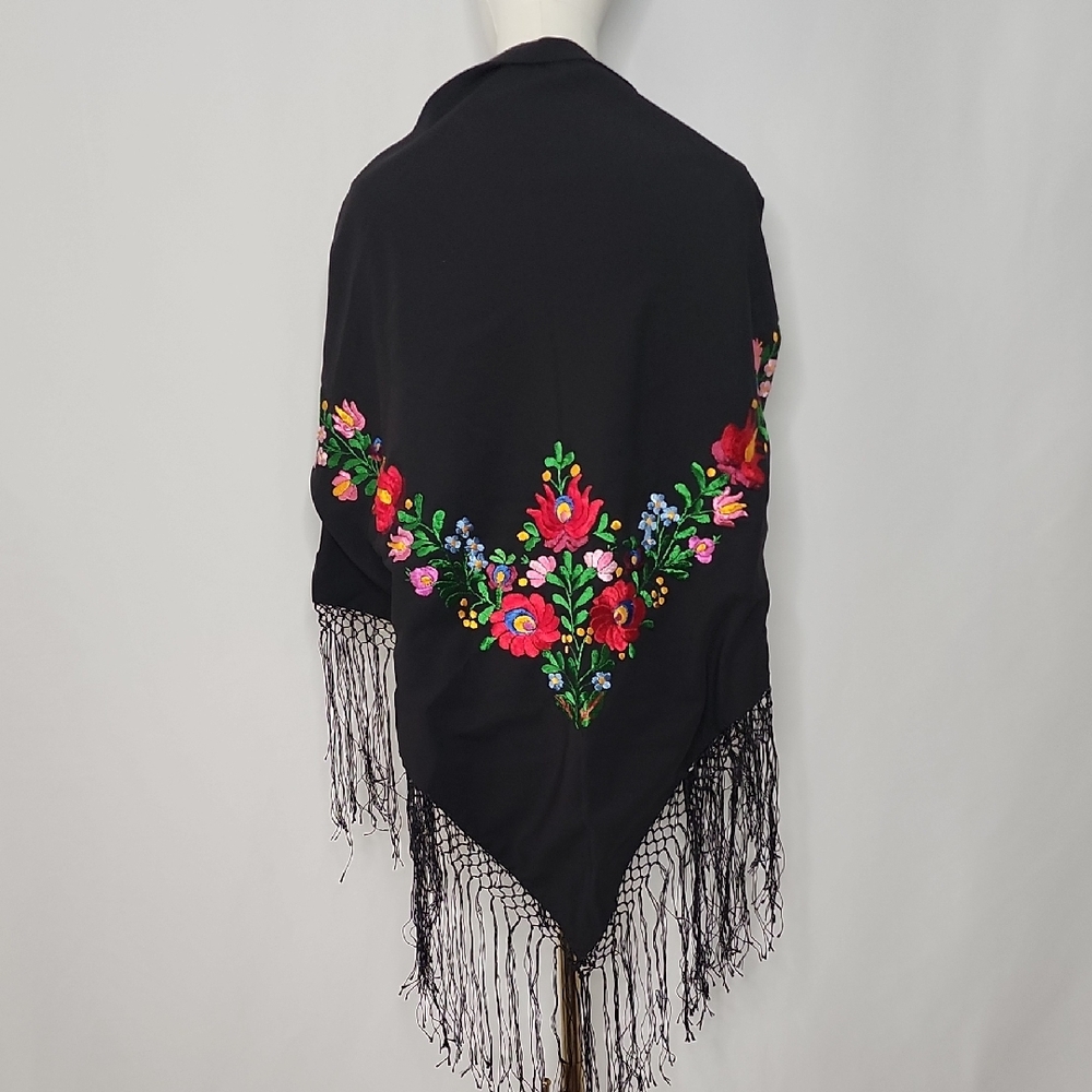 Hungarian Matyo Floral Embroidered Black Shawl